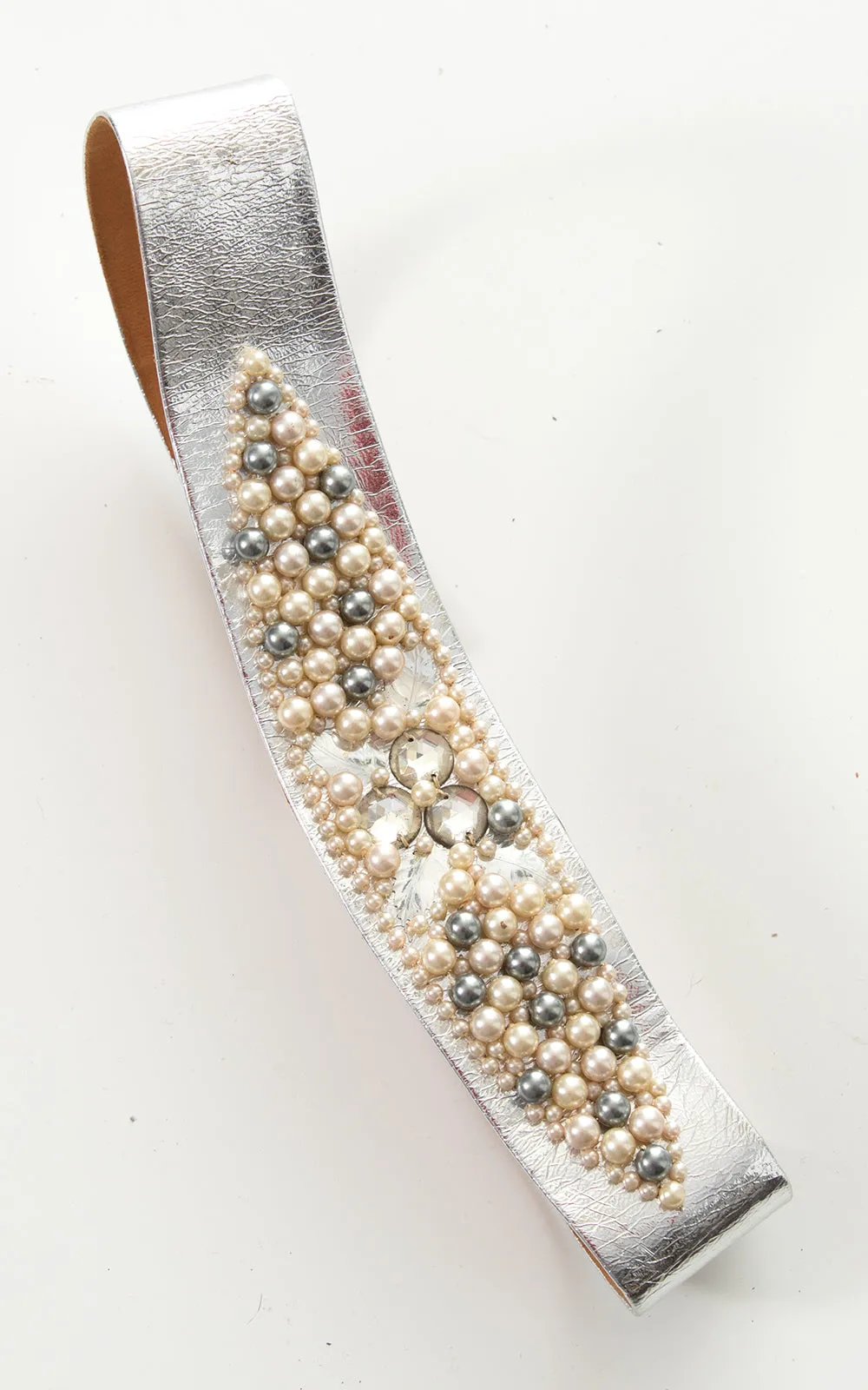 1950s Beaded Silver Leather Cinch Belt | small