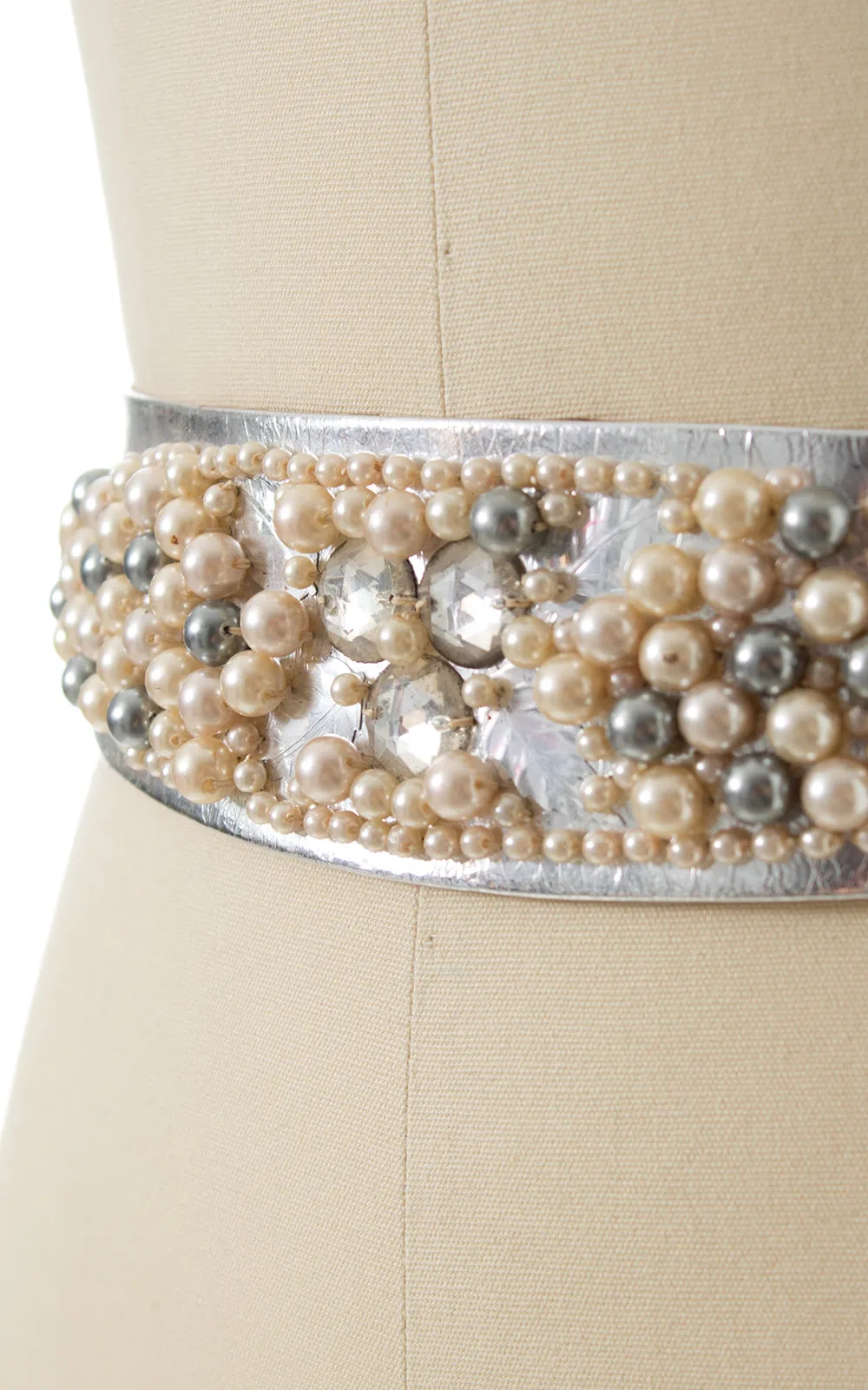 1950s Beaded Silver Leather Cinch Belt | small
