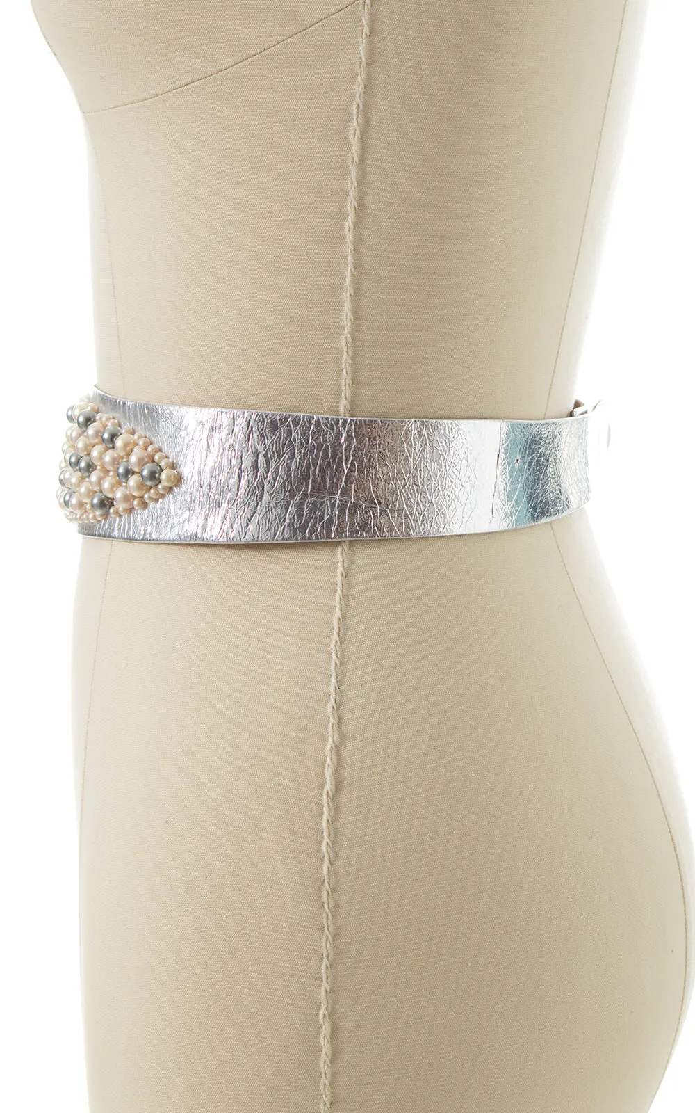 1950s Beaded Silver Leather Cinch Belt | small