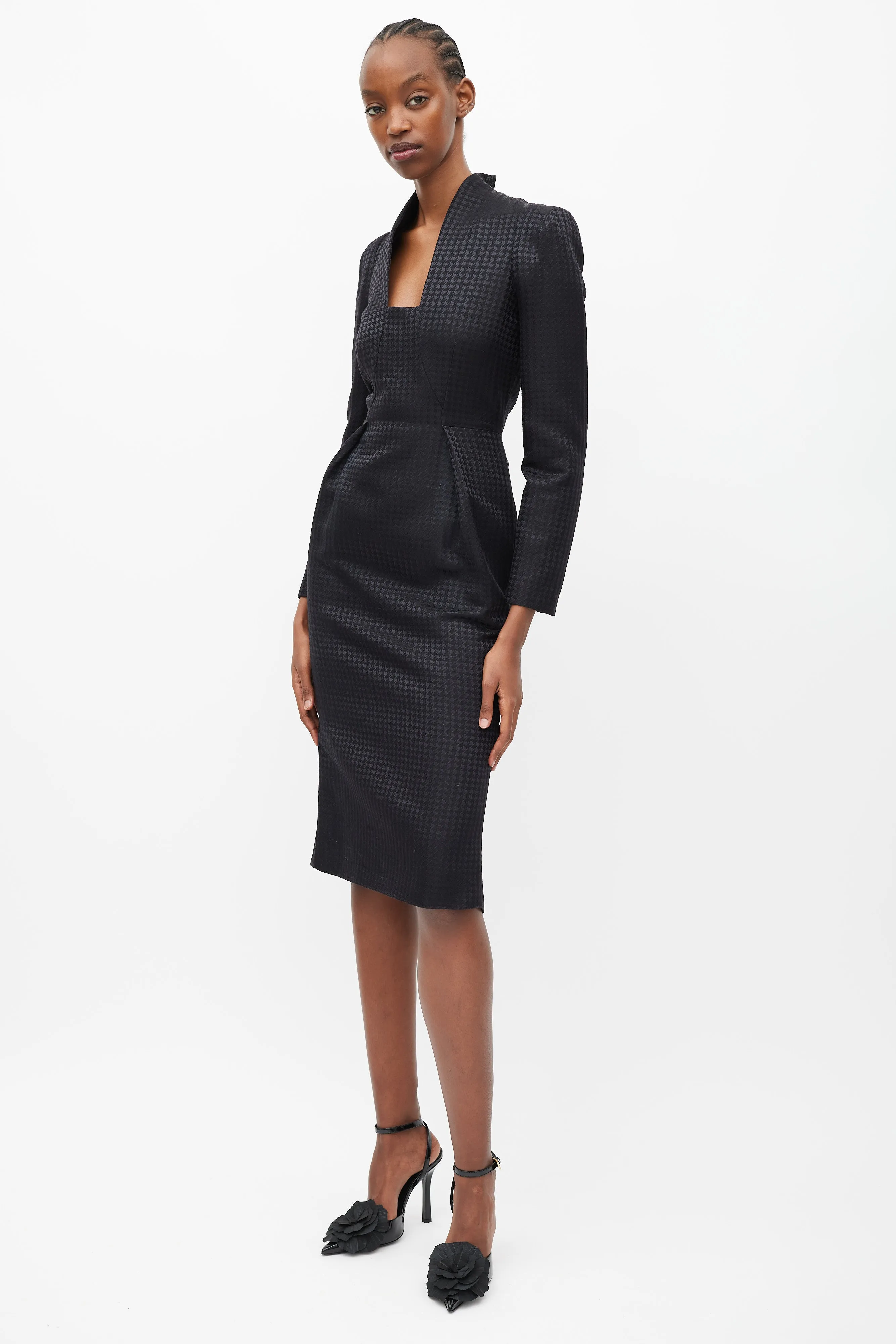 Black Houndstooth Square Neck Maxi Dress