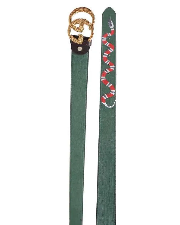 Gold Interlocking G Buckle With Snake Print Green