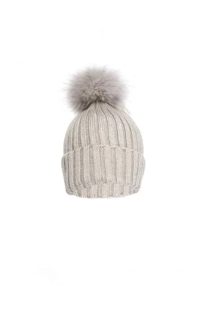 Grey Wool & Fox Pom Pom Hat
