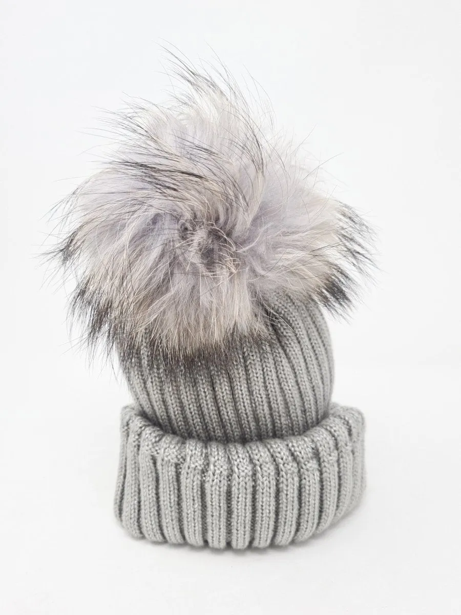 Grey Wool & Fox Pom Pom Hat