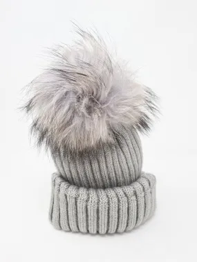 Grey Wool & Fox Pom Pom Hat