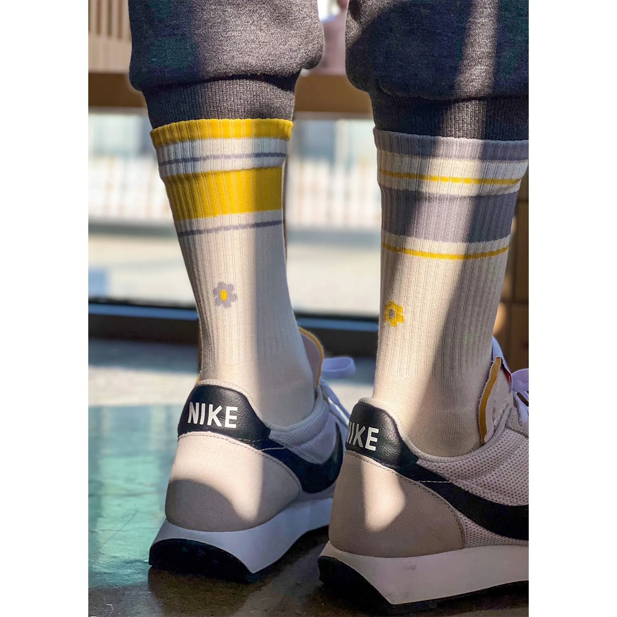 Men's Mismatched Vintage Stripe Socks - Yellow, Gray, & White