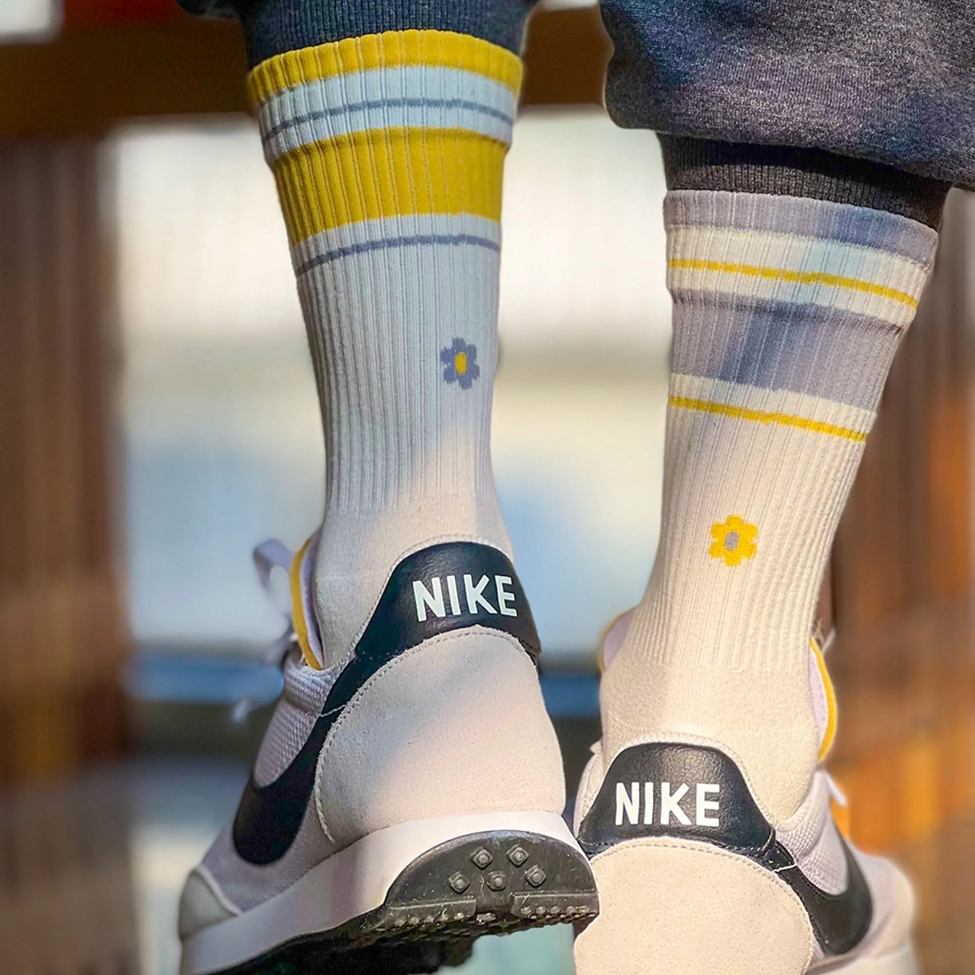 Men's Mismatched Vintage Stripe Socks - Yellow, Gray, & White