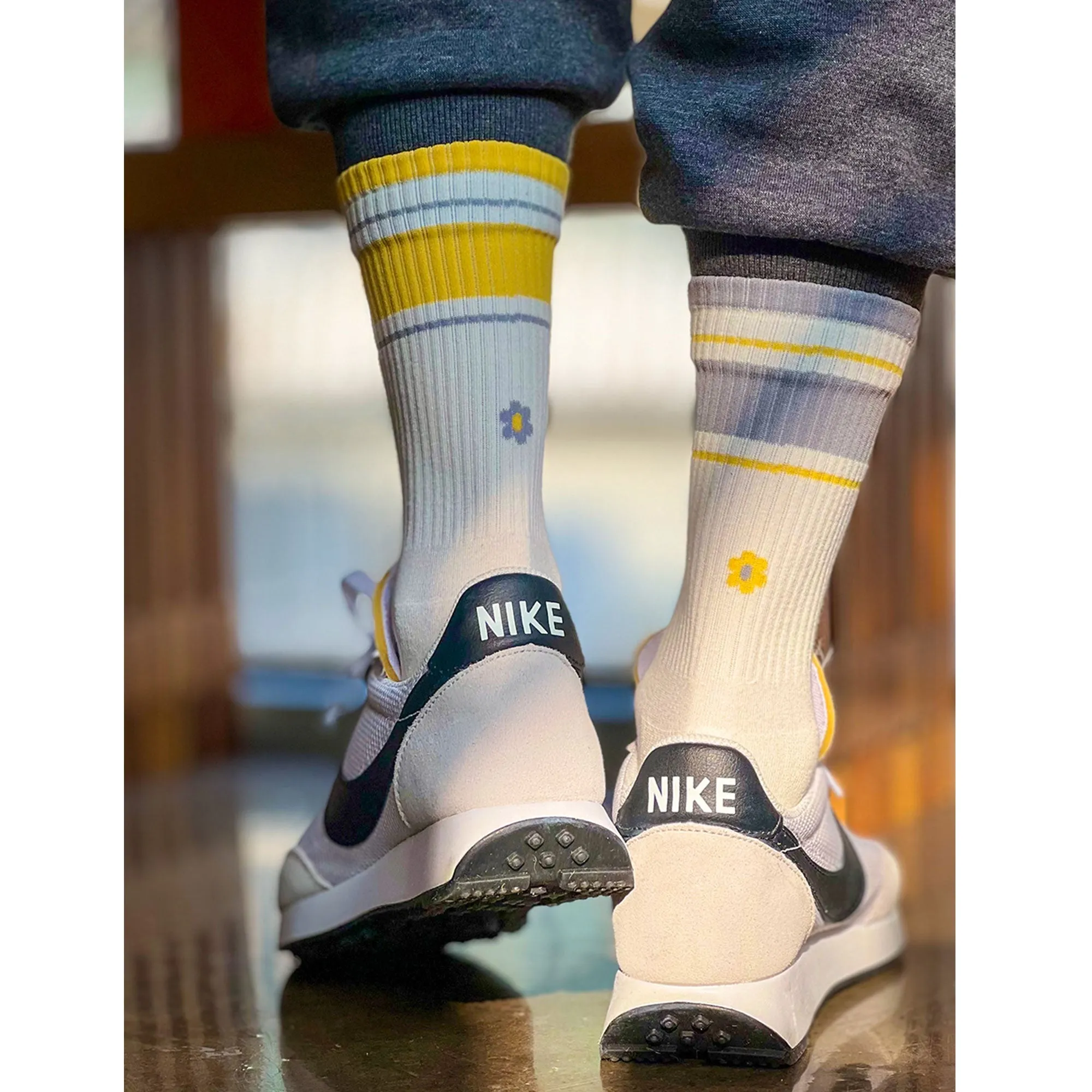 Men's Mismatched Vintage Stripe Socks - Yellow, Gray, & White