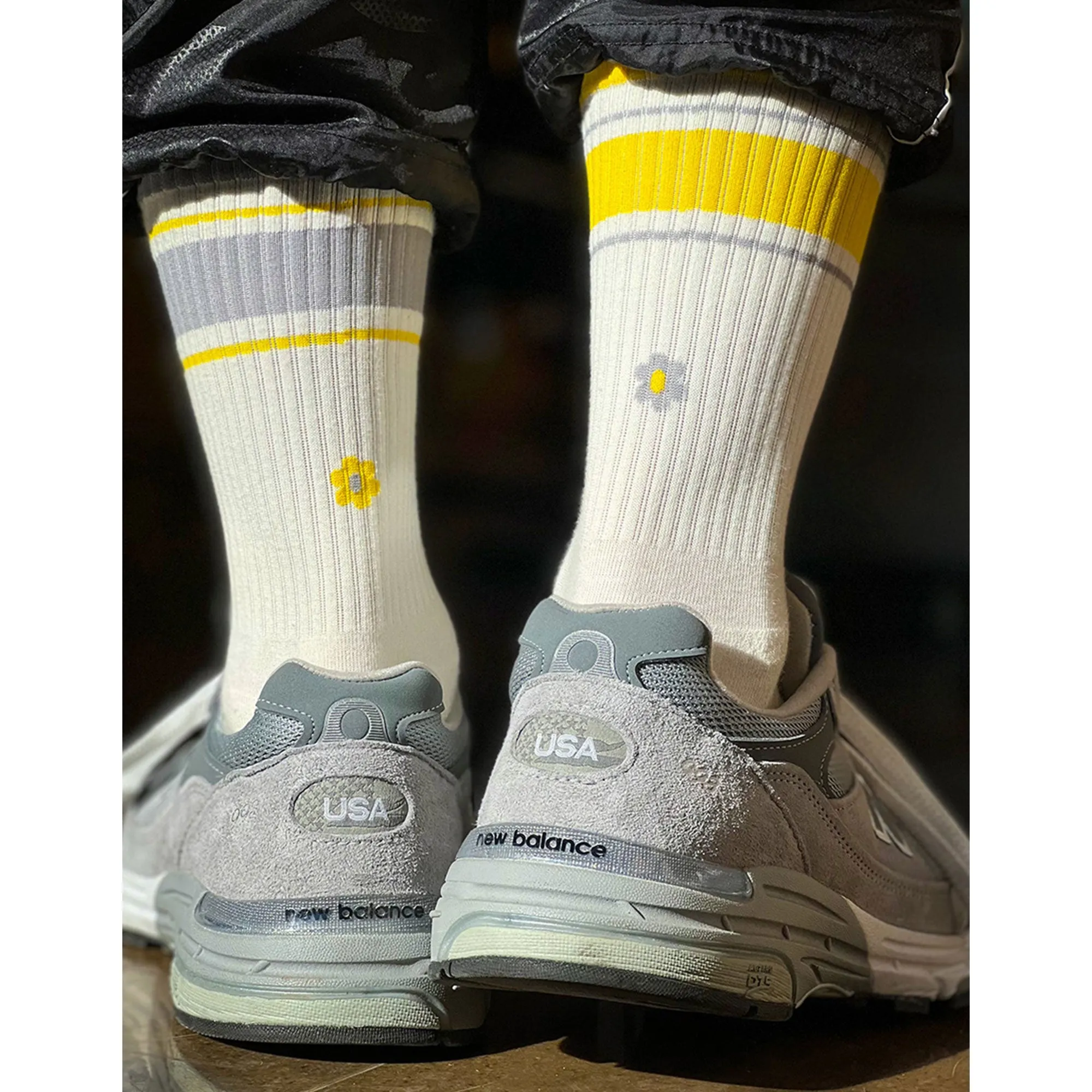Men's Mismatched Vintage Stripe Socks - Yellow, Gray, & White