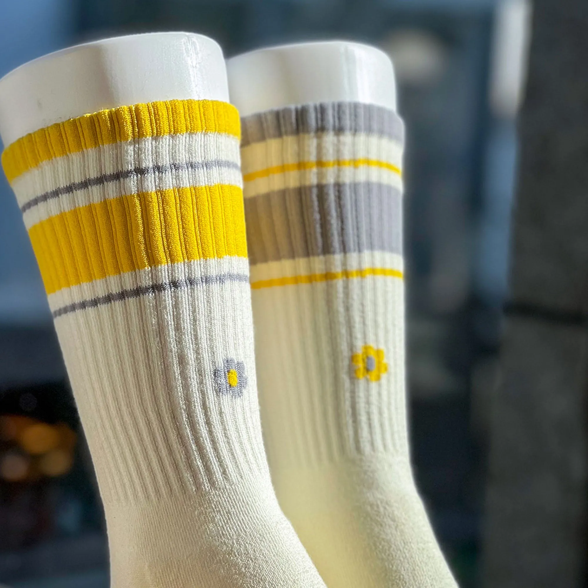 Men's Mismatched Vintage Stripe Socks - Yellow, Gray, & White