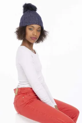 Navy Wool & Fox Pom Pom Hat
