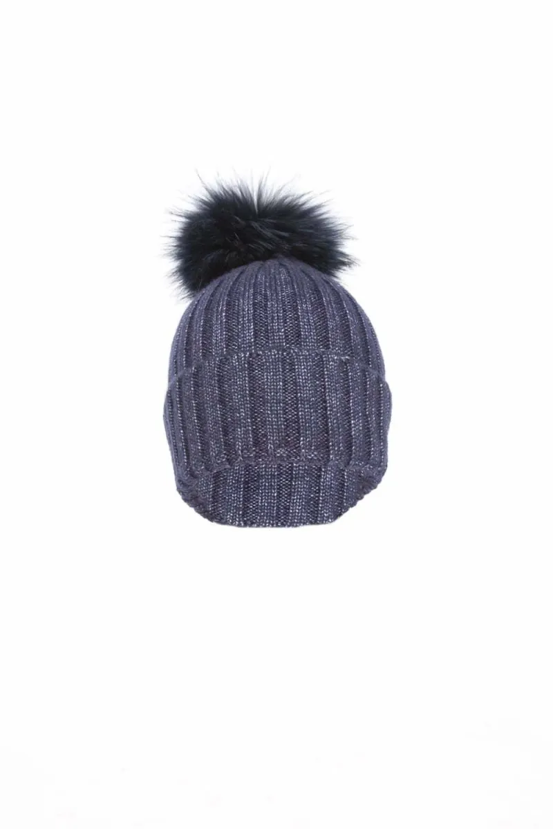 Navy Wool & Fox Pom Pom Hat