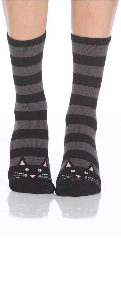 Non-Skid Grey and Black Cat Socks (Women's)