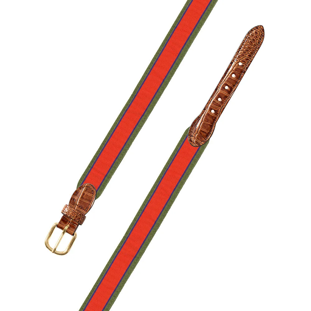 Orange & Green Grosgrain Ribbon Leather Tab Belt