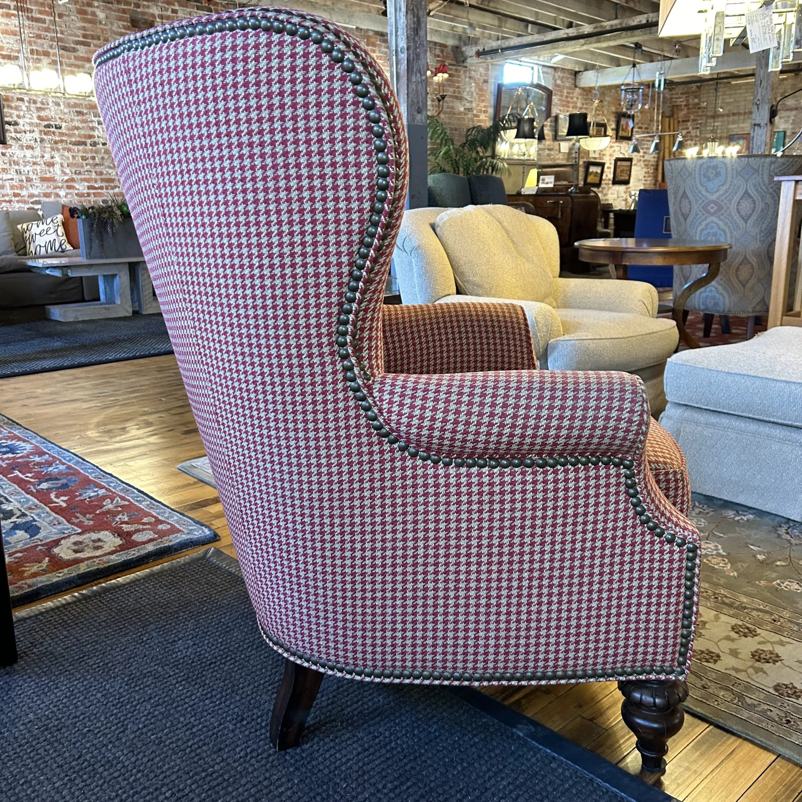 Thomasville Red & Cream Houndstooth High-back Wing Chair