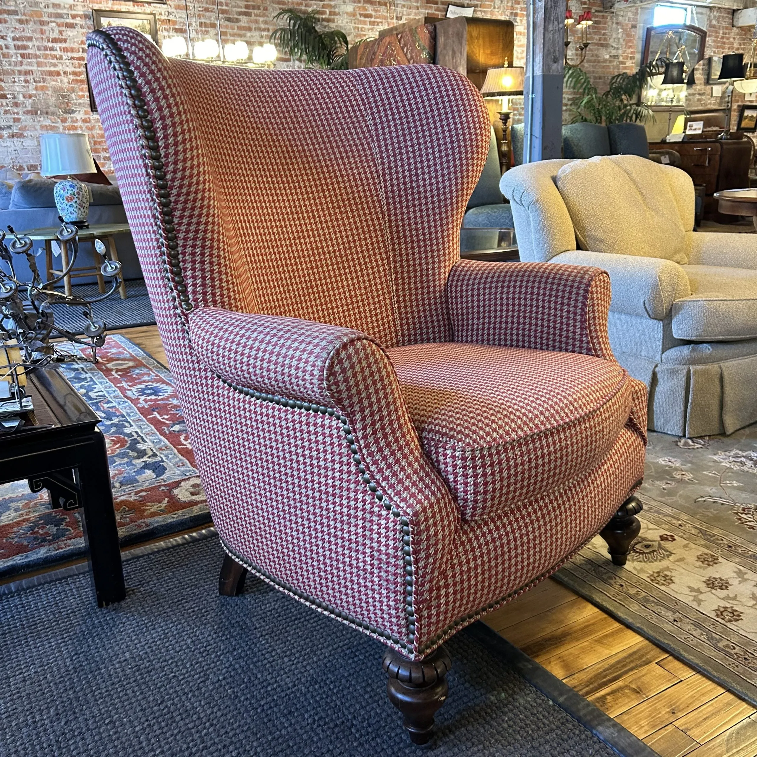 Thomasville Red & Cream Houndstooth High-back Wing Chair