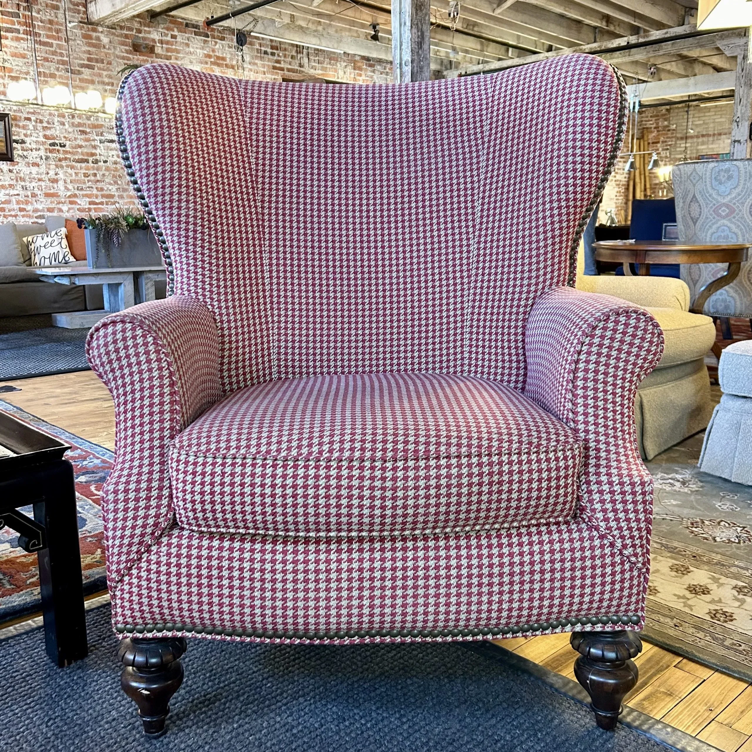 Thomasville Red & Cream Houndstooth High-back Wing Chair