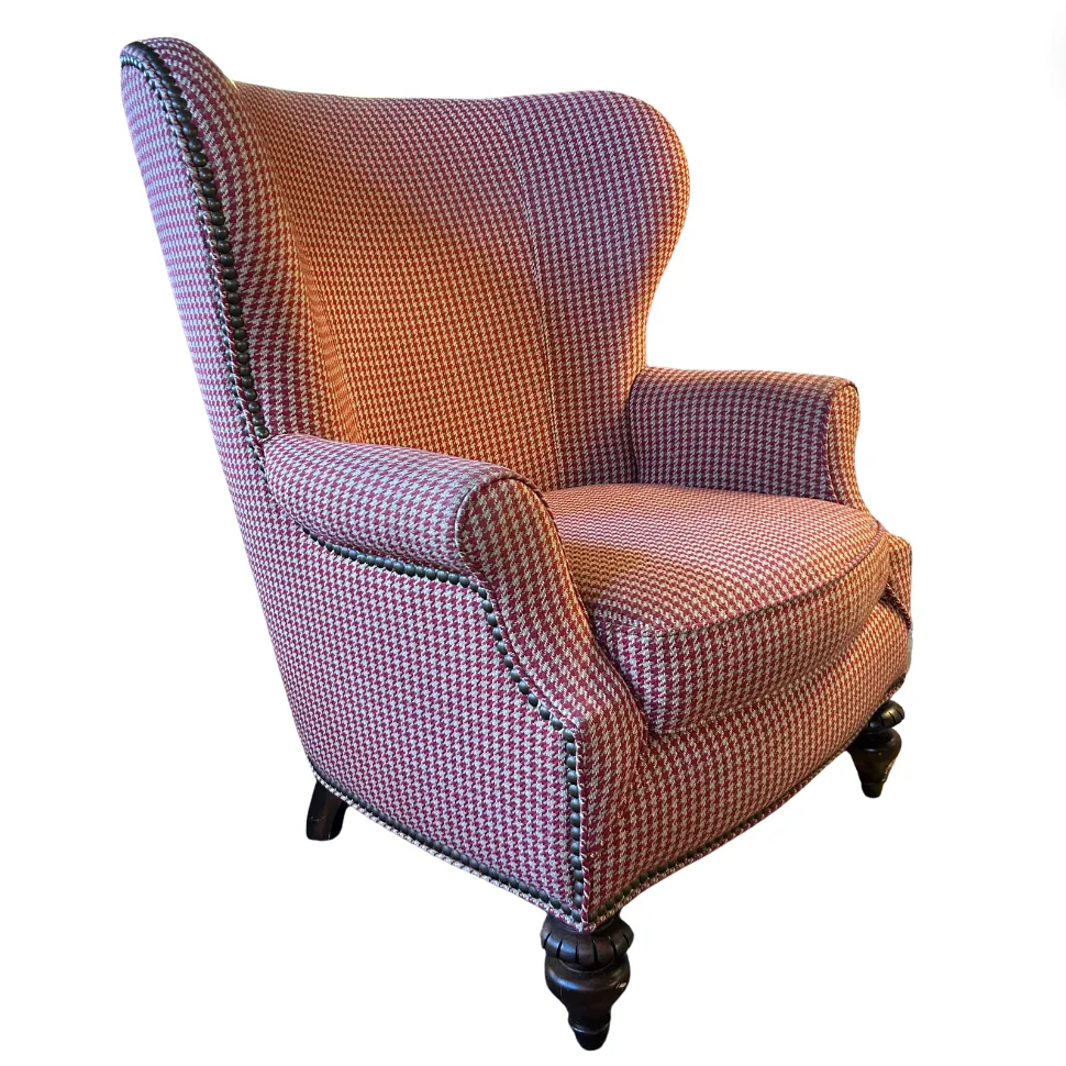 Thomasville Red & Cream Houndstooth High-back Wing Chair