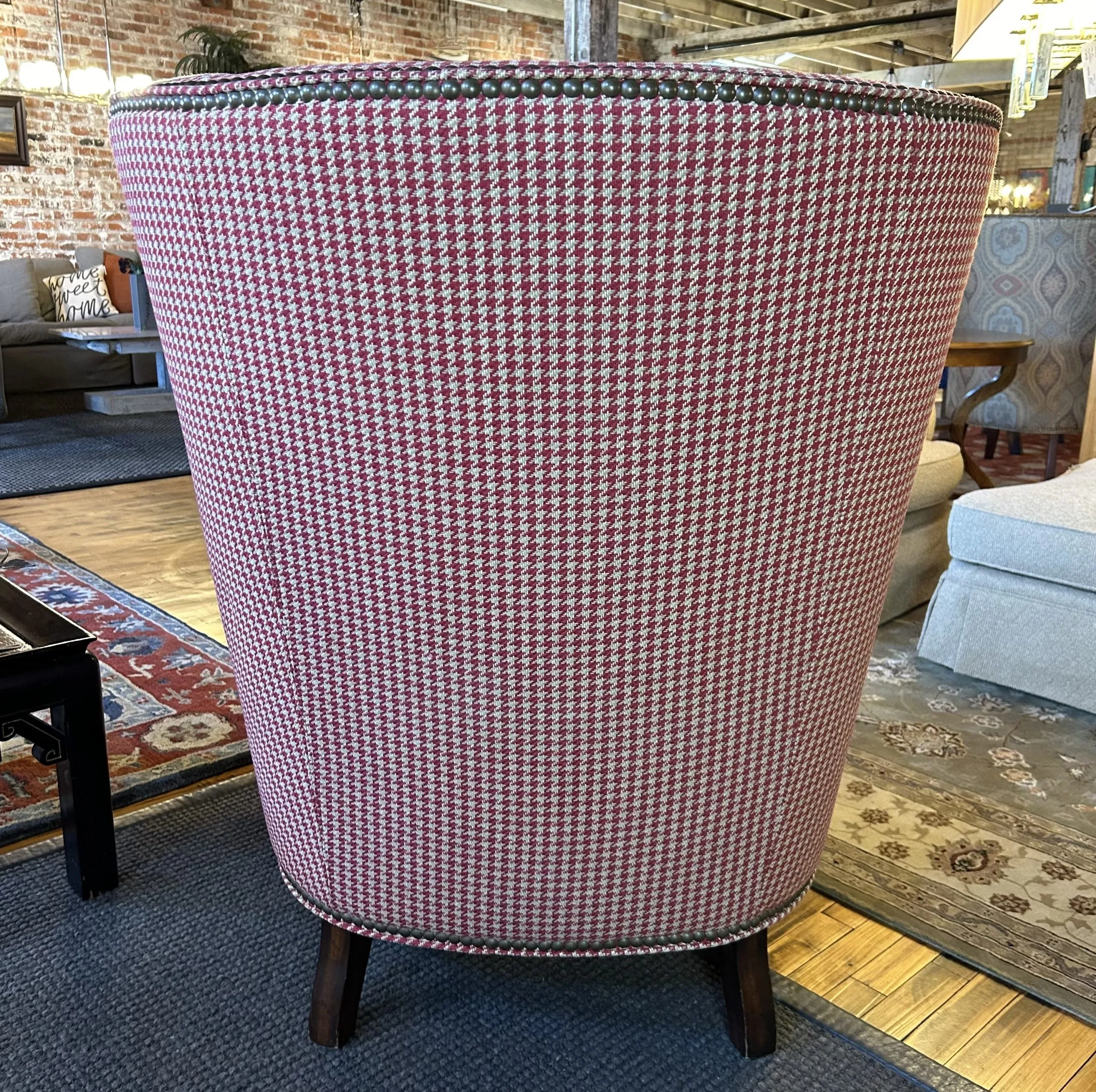 Thomasville Red & Cream Houndstooth High-back Wing Chair
