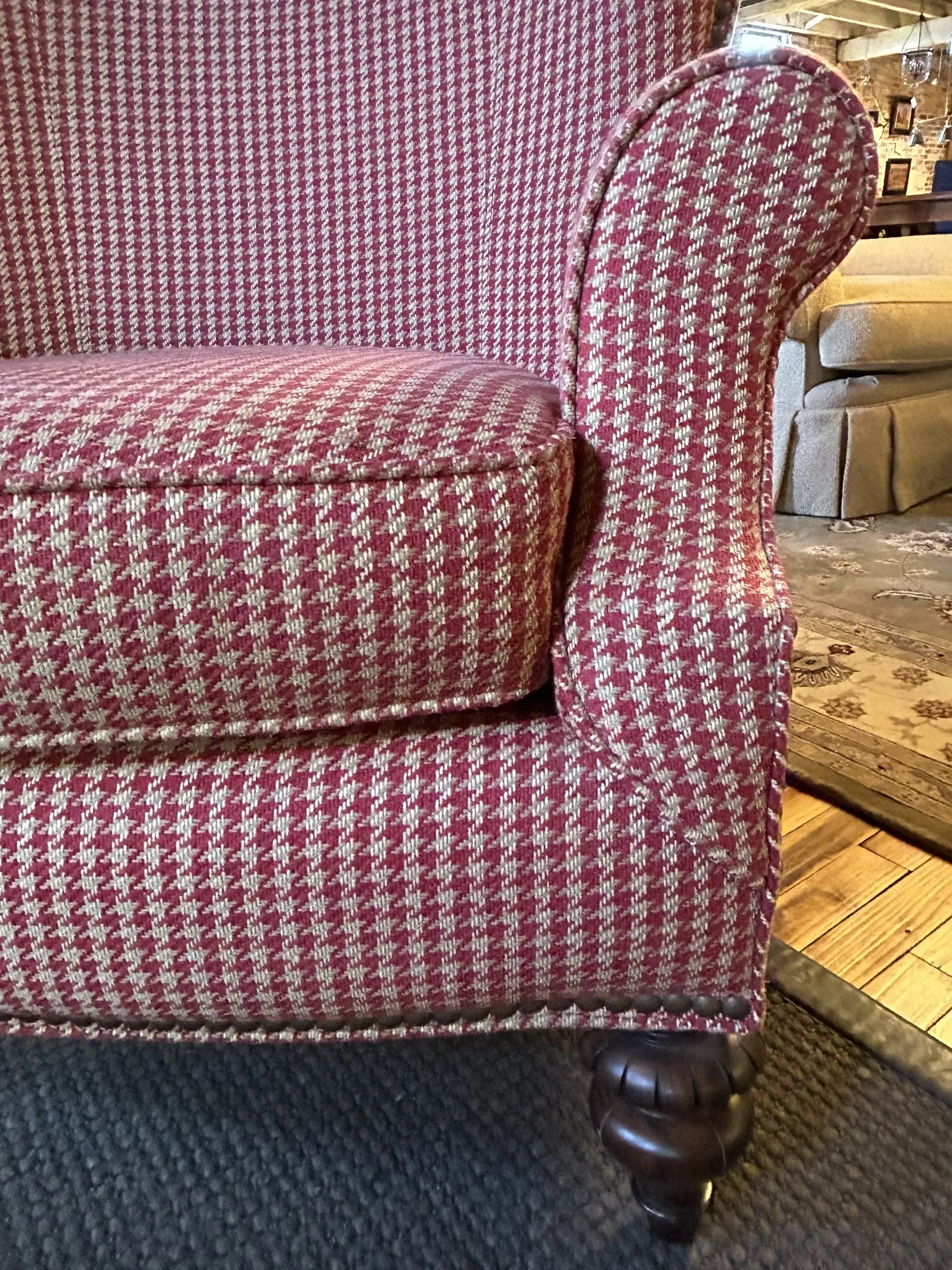 Thomasville Red & Cream Houndstooth High-back Wing Chair