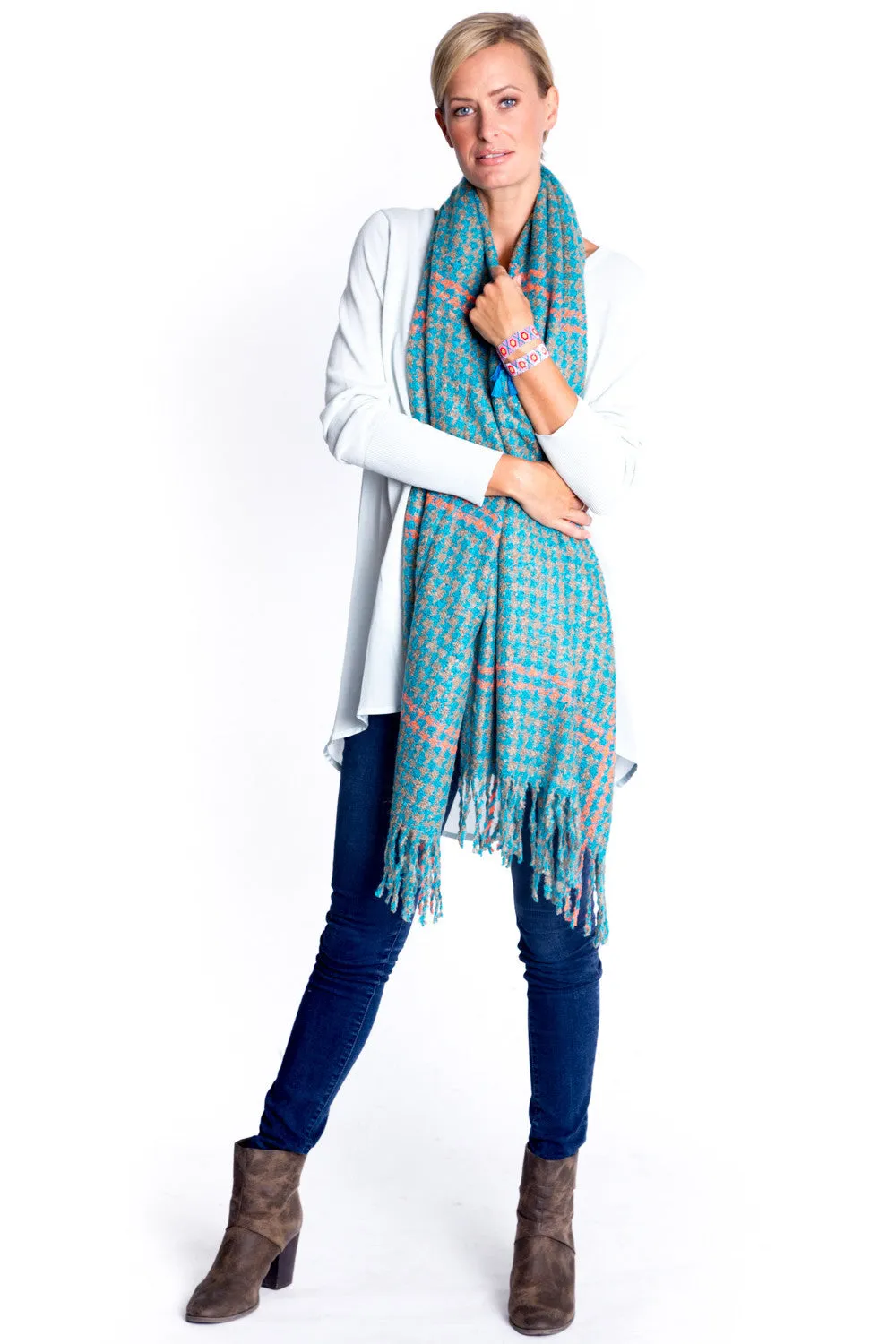 Turquoise Fringed Hounds Tooth Scarf