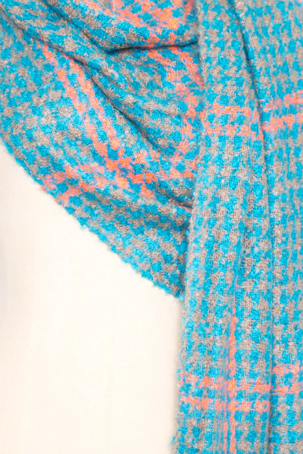Turquoise Fringed Hounds Tooth Scarf