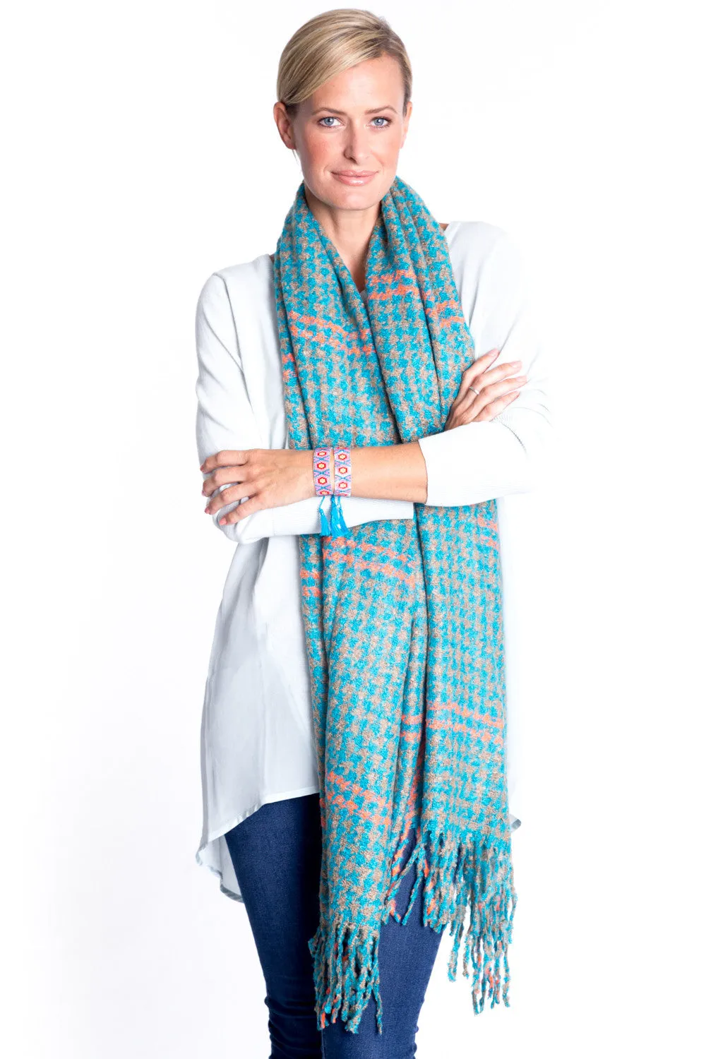 Turquoise Fringed Hounds Tooth Scarf