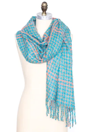 Turquoise Fringed Hounds Tooth Scarf