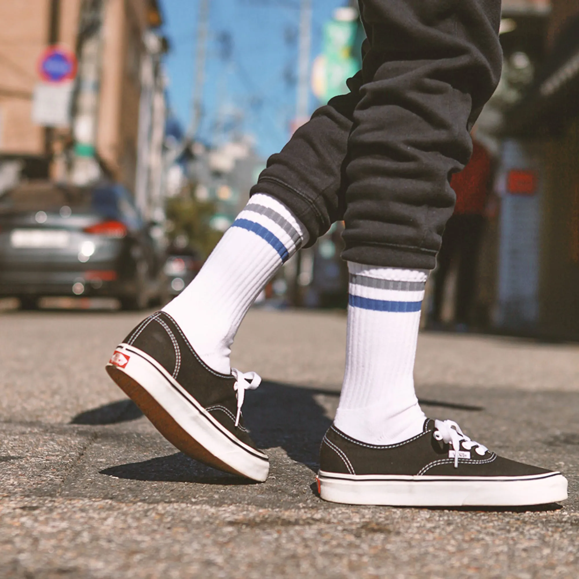 Women's Vintage Stripe Socks - Gray, Navy, & White
